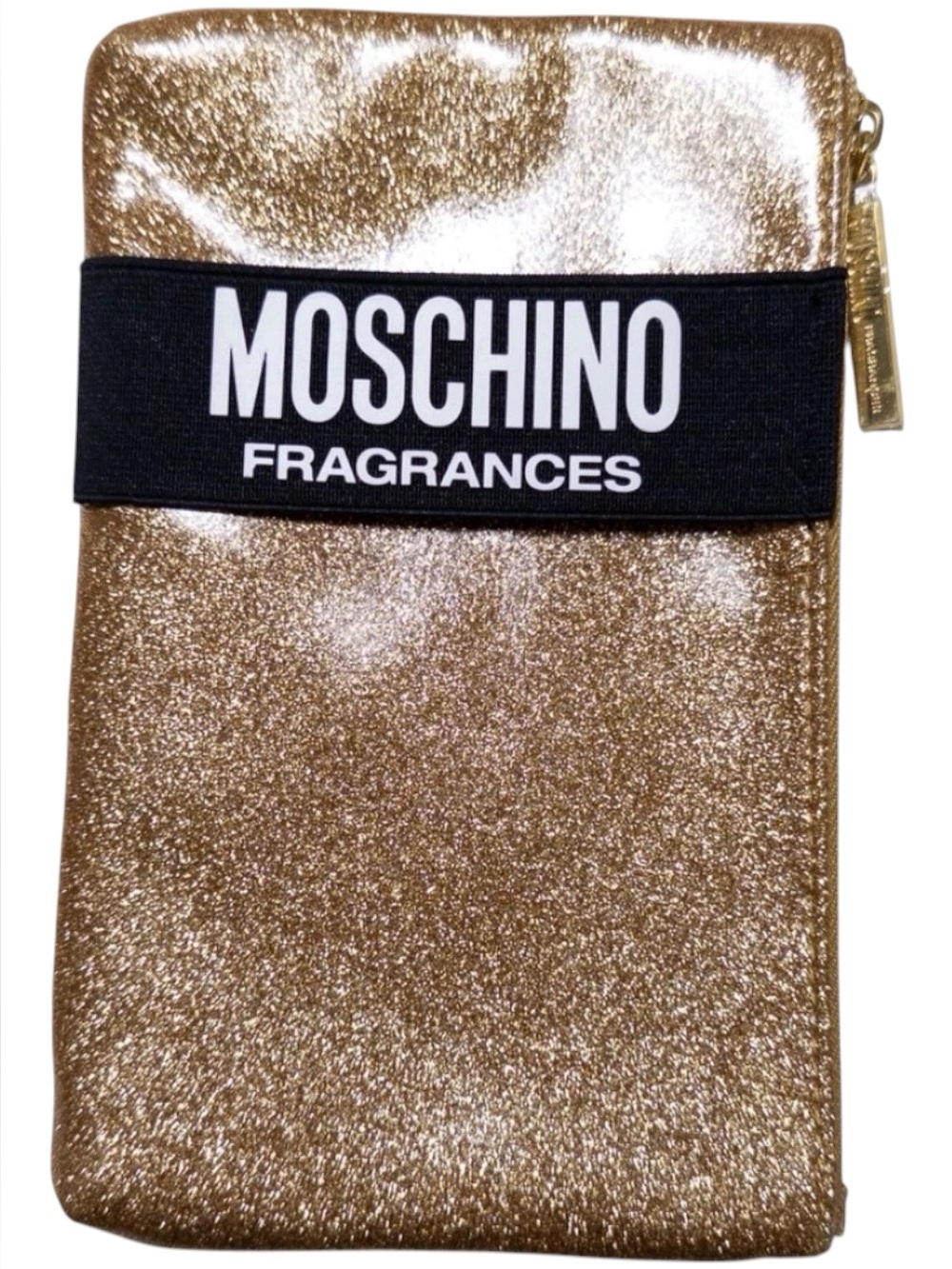 Moschino Gold Glitter Cosmetic Pouch with Branded Strap